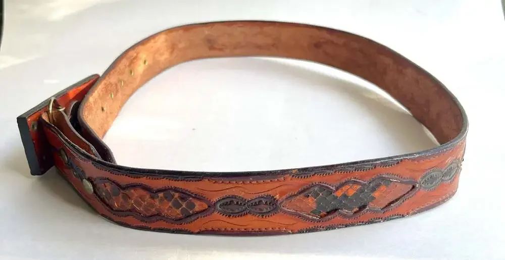 Vintage Western Tooled Leather Belt with Snakeskin Inlay 39 inch